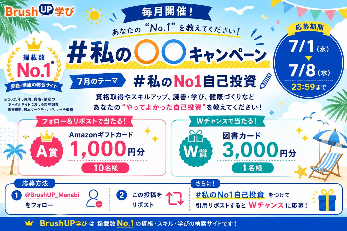 BrushUP_Manabi's tweet photo. 📚毎月開催！ 私の○○キャンペーン📚

【資格講座掲載数No.1】の BrushUP学びが毎月開催！

BrushUP学びの公式Xのフォローと本投稿のリポストで、Amazonギフトカード1,000円分 を10名様にプレゼント🎁

7月のテーマは【私のNo1自己投資】
#私のNo1自己投資 を付けて引用RPすると
Wチャンス賞として、

図書カード（3,000円分）
を1名様にプレゼント！

資格取得、健康づくり、読書など
「やってよかった自己投資」や「今後やりたい自己投資」を教えてください✏️

【応募方法】
①BrushUP学びの公式Xをフォロー
②本投稿をRP
③#私のNo1自己投資 を付けて引用RP
（Wチャンス賞への応募）

締切：7/8(水)23:59まで