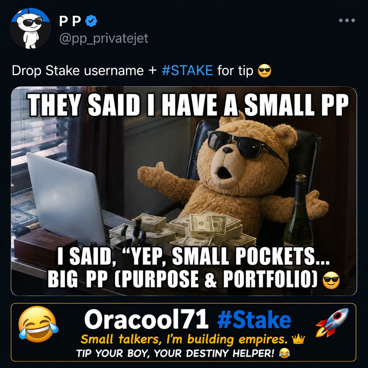 JoshuaaOra's tweet photo. @pp_privatejet Oracool71

#Stake
#Ppprivatejet https://t.co/SumESwnHwj