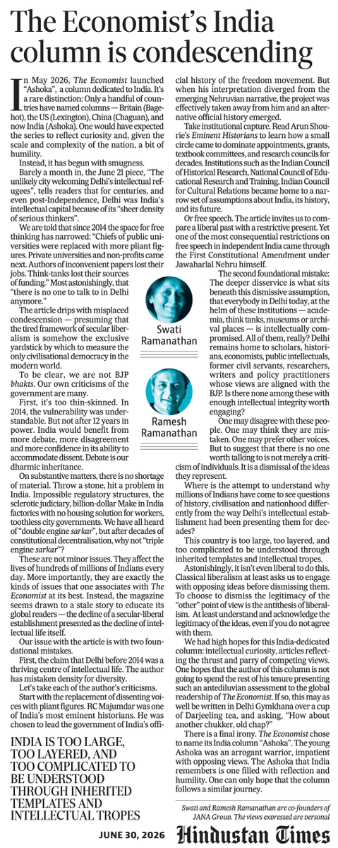 beastoftraal's tweet photo. What is particularly interesting in Swati and Ramesh's disagreement with Economist's piece (on Delhi no longer being the the intellectual capital of India, since 2014) is that they don't utter a word for the city Economist mentions as the (unlikely) new intellectual capital of India!
