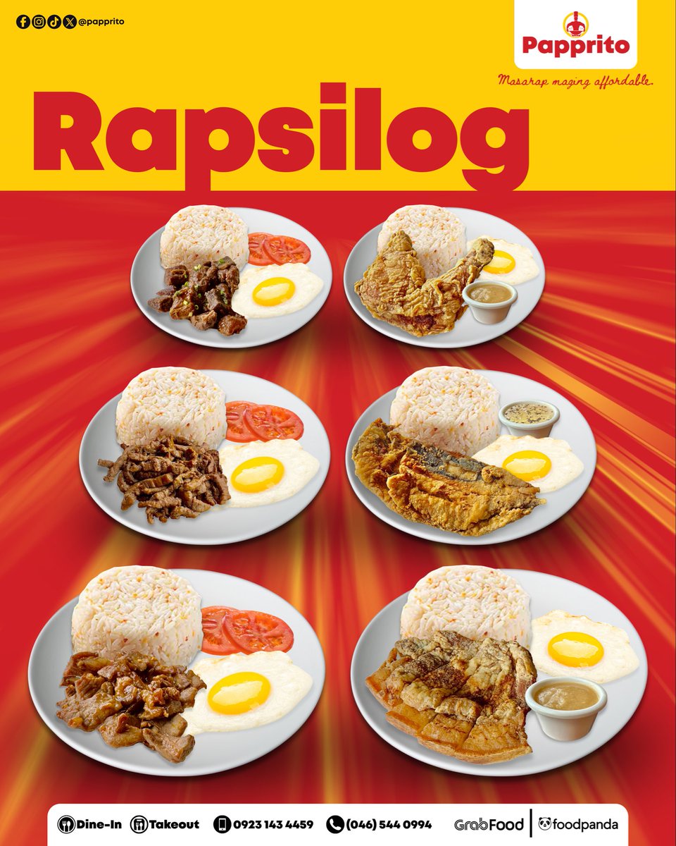 Papprito's tweet photo. Silog-day vibes every single day! 🍳 From sunrise to sundown, our Rapsilog is always ready to hit the spot. Grab your ultimate comfort food fix today!

Order now via Dine-in, Takout, or Delivery ( 09231434459 | GrabFood | foodpanda)!

#Papprito #RapsilogAllDay #AllDayBreakfast https://t.co/WesH2CUZAJ