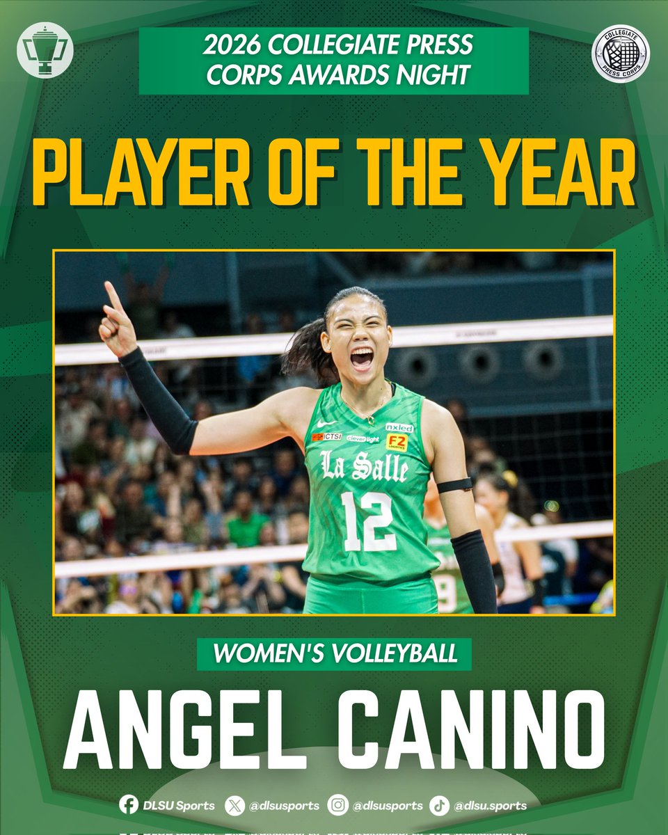 dlsusports's tweet photo. HEAVEN'S SENT, ANGEL 👑🏐

Congratulations to Angel Canino of the DLSU Lady Spikers for claiming the UAAP Season 88 Women's Volleyball Player of the Year title at the 2026 Collegiate Press Corps Awards Night! https://t.co/EIW7mtXL4B