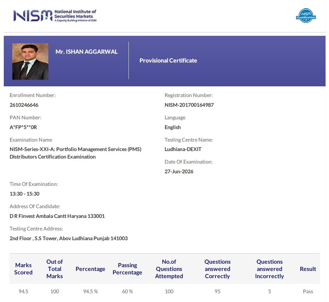 DRFinvest's tweet photo. Thank you all for your support and trusting us with managing your money.

I, Ishan Aggarwal have secured 94.5% marks in NISM-XXI-A- Portfolio Management Services (PMS) Distributors Certification Examination. https://t.co/UdRbIIms0h