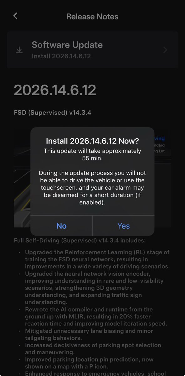 GAJuniper's tweet photo. Software update 2026.14.6.12 just popped up.

FSD still on v14.4.4 with the usual stability notes.

On a positive note, I’ve been noticing v14.4.4 feeling smoother lately — less hesitancy and phantom braking. 

Anyone else seeing improvements?
#ModelYJuniper #Tesla #FSD https://t.co/E2EckXDX8Z