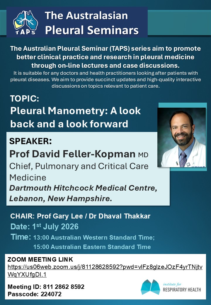 YCGaryLee's tweet photo. Don't miss @dfellerk @DHMCandClinics discuss live the controversial topic of #Pleural #Manometry. Love it or hate it: Join TAPS July 1st: 13:00 AWST
@tsanz_thoracic @UWAresearch @AAB_IP @ALATorax @SMNYCT @APSRapsr @PulmPEEPs @UCLA_IP @GeiselMed @accpchest @EuroRespSoc @udit_chaddha