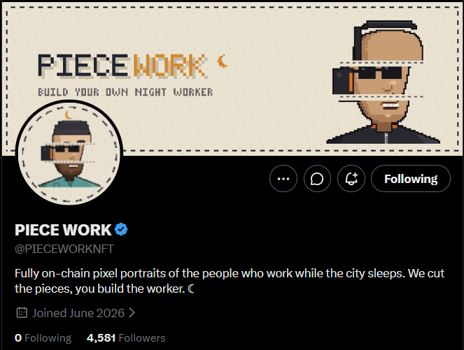 jokerSB99's tweet photo. ☾ GIVEAWAY ☾
10 GTD spots for @PIECEWORKNFT
The factory is hiring.
24 hours only
To enter:
✅ Follow @PIECEWORKNFT
✅ Like + RT this post
✅ Tag 2 friends
Winners announced in 24 hours.
The night shift never sleeps 🫡
#PIECEWORKNFT