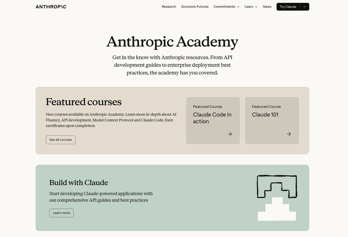 Tech_Rose1's tweet photo. Claude is offering 18 official AI courses with certificates.

And it's 100% free:

1 - Claude 101. Learn Claude for everyday work.
https://t.co/xq6JsrstQK

2 - Master Claude Cowork. Build powerful agentic workflows right on your desktop.
https://t.co/lpOCz1jroN…

3 - Claude Code 101. Master vibe coding with Claude Code.
https://t.co/m5c0PWvBvF

4 - AI Fluency: Core concepts for AI literacy
https://t.co/zKS0xI2lGQ…

5 - Introduction to Agent Skills.
https://t.co/lpOCz1jroN…

6 - Building with the Claude API.
https://t.co/VPVdzz9uO6…

7 - Claude Code in Action. Integrate Claude Code into your dev workflow. Hands-on, practical, ship-focused.
https://t.co/7pzYYVBHCA…

8 - Intro to Model Context Protocol. Connect Claude to your local data. The ultimate game changer for context.
https://t.co/lpOCz1jroN…

9 - MCP: Advanced Topics. Build custom integrations and MCP servers. For heavy-duty scaling.
https://t.co/byEtnZjUPn…

10 - AI Fluency for Students. Use AI to study and research smarter. The ultimate cheat code for academics.
https://t.co/zlE8TeTK8l…

11 - AI Fluency for Educators.
https://t.co/zlE8TeTK8l…

12 - Teaching AI Fluency.
https://t.co/DTsNZ7h55M…

13 - AI Fluency for Nonprofits. Maximize your mission's impact. Do way more with way less.
https://t.co/zlE8TeTK8l…

14 - Claude with Amazon Bedrock. Deploy Claude on AWS infrastructure. Enterprise-grade scaling made easy.
https://t.co/l2LIFds3jn…

15 - Claude with Google Cloud's Vertex AI. Deploy Claude on Google Cloud infrastructure. Seamless cloud integration for scaling apps.
https://t.co/aoJi4klqfi…

16 - AI Fluency for Small Businesses
https://t.co/zlE8TeTK8l…

17 - AI Capabilities and Limitations
https://t.co/IIAnDvdHdL…

18 - Introduction to subagents
https://t.co/lpOCz1jroN…

Follow me @Tech_Rose1 for more AI IDEA.