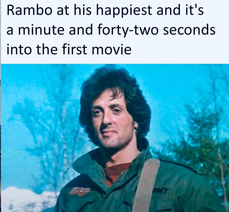 Cinema_Loco's tweet photo. Yeah, he didn't get many moments of happiness through 5 movies 😂
@TheSlyStallone
#cinemaloco #FilmTwitter #FilmX #johnrambo #Rambo #FirstBlood #RamboFirstBloodPartII #RamboIII #RamboLastBlood #sylvesterstallone #1980s #movie #moviereview #movies #film #filmreview #films https://t.co/lP1EUqQwkx