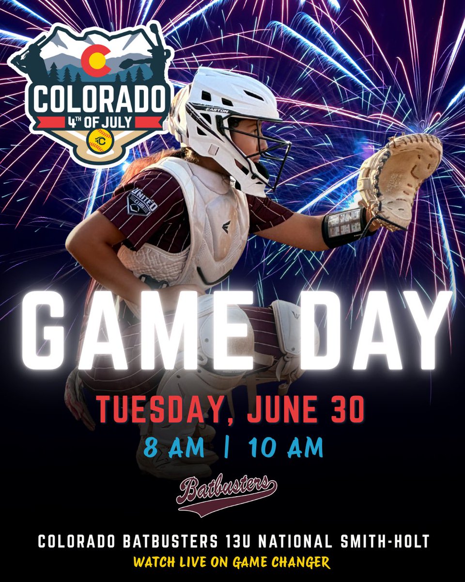 13UCOBatbusters's tweet photo. Let’s hear it for the Batbusters. 🎉 Bring the energy for day 1 of the Sparkler.
Tuesday, June 30
8:00 am vs Explosion Kim 14u
10:00 am vs Next Level Gold 14u Tyree
📍 Barnes Sports Complex, Loveland, CO
👀 Watch live: https://t.co/uhzw2b3Xsd
#batbusters #coloradosoftball https://t.co/s52i7DuiKT