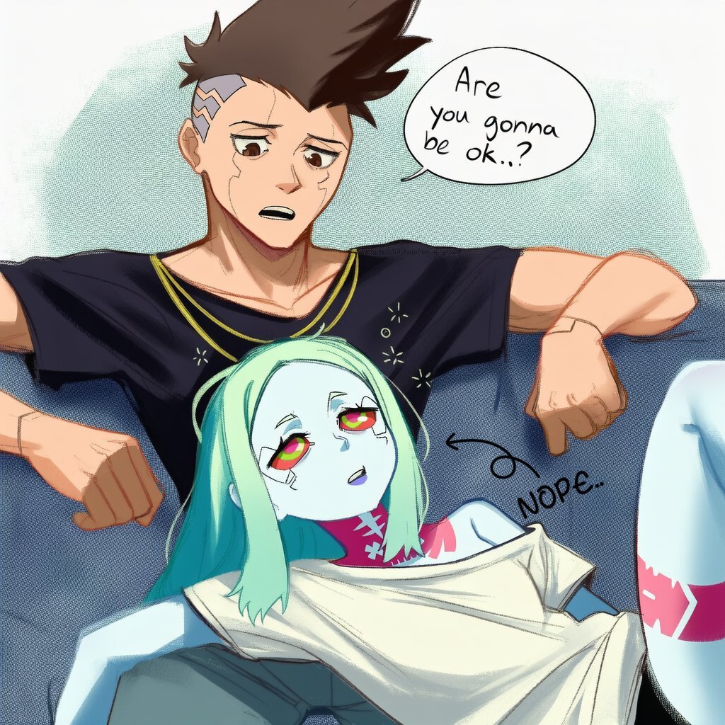 Uravity98114's tweet photo. Hyped for the new season of Cyberpunk edgerunners!! 
I know David and Rebecca aren't gonna show up (for obvious reasons) But i'm still gonna miss em.. https://t.co/T24TaVkZWH
