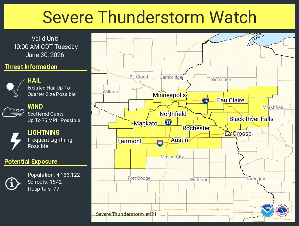 NWSTwinCities's tweet photo. A severe thunderstorm watch has been issued for parts of Iowa, Minnesota and Wisconsin until 10 AM CDT https://t.co/p5MddON7BM