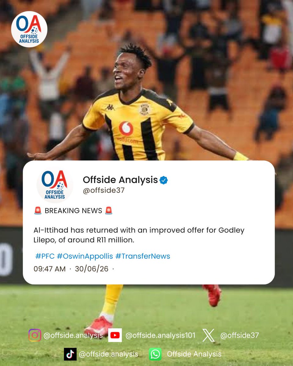 offside37's tweet photo. 🚨 BREAKING NEWS 🚨

Saudi club Al-Ittihad have returned with another offer for Kaizer Chiefs forward Godley Lilepo🌕

#alittihad #kaizerchiefs #godleylilepo #transfernews https://t.co/AIj1atbp9I