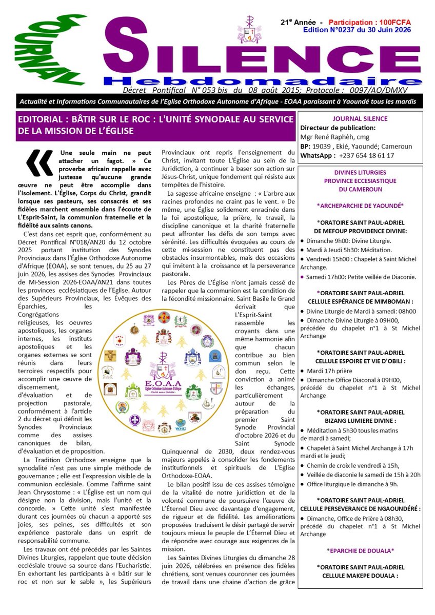 MgrPierdechrist's tweet photo. BILAN DES SYNODES PROVINCIAUX SE MI-SESSION 2026.

Hebdomadaire ''SILENCE'', édition N°236 du 30  juin 2026, page 1. PDF disponible sur simple demande inbox. 

https://t.co/ooZe46nrnU https://t.co/jIIGSZLyTz