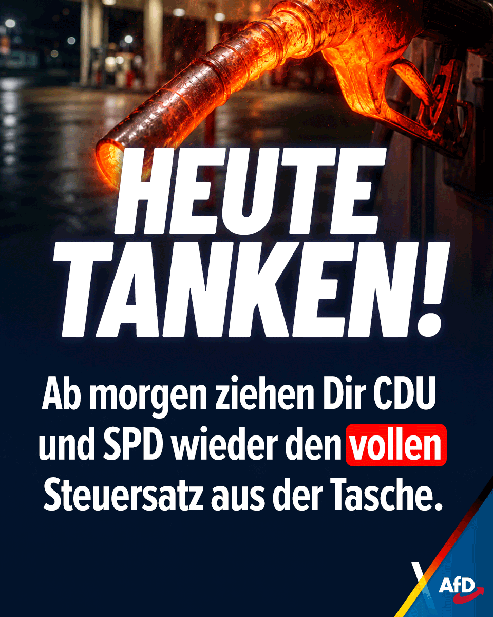 Alice_Weidel's tweet photo. Heute endet der Tankrabatt der Bundesregierung - ab morgen gilt wieder der volle Steuersatz. Stattdessen: CO2-Steuer streichen, Mehrwert- und EU-Energiesteuer senken und dauerhaft sparen. Möglich macht das nur die AfD! https://t.co/e8eiDiUumM