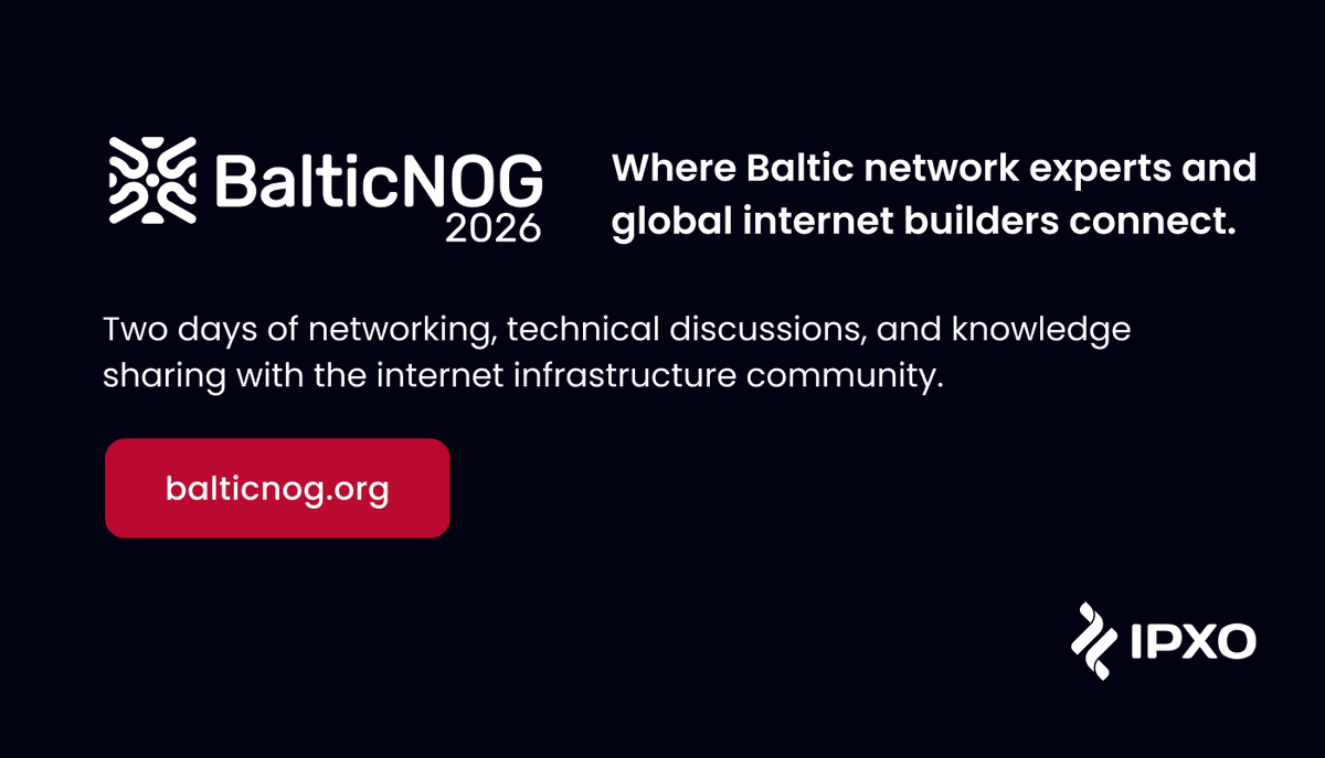 IPXOcom's tweet photo. @balticnog is back🚀

This September, the Baltic internet infrastructure community comes together in Riga for two days of technical talks, knowledge sharing, and networking.

📍 Riga, Latvia
📅 September 23–24
Register: https://t.co/PjwMI53zNn

#IPXO #BalticNOG #Networking https://t.co/gUdTlmBHvK