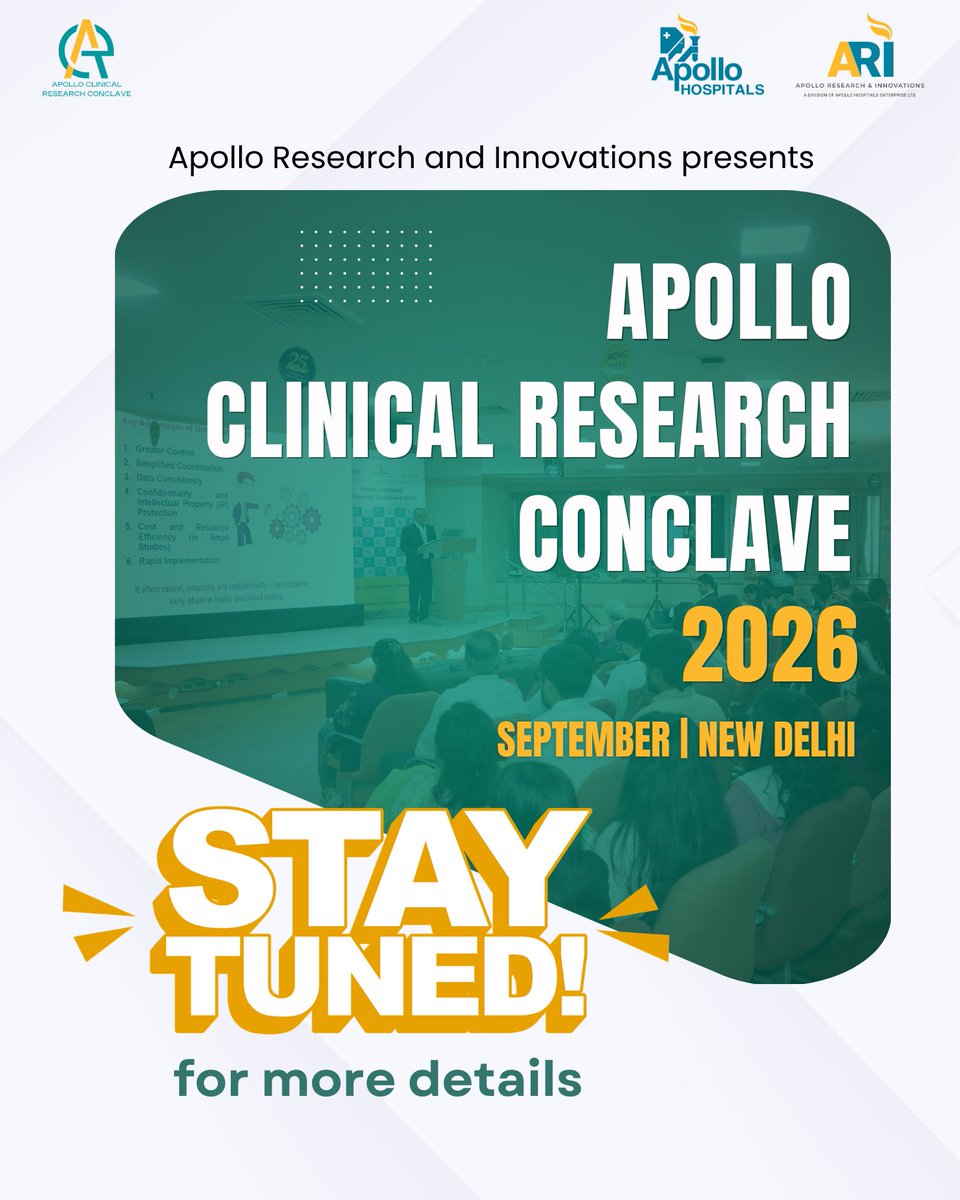 ARI_Apollo's tweet photo. The Apollo Clinical Research Conclave 2026 is coming.

ARI is bringing together thought leaders, researchers, industry experts, regulators, academia, &amp; innovators to shape the future of clinical research,  this September in New Delhi.

More announcements soon.

#ACRC2026 https://t.co/rDaggScPpo