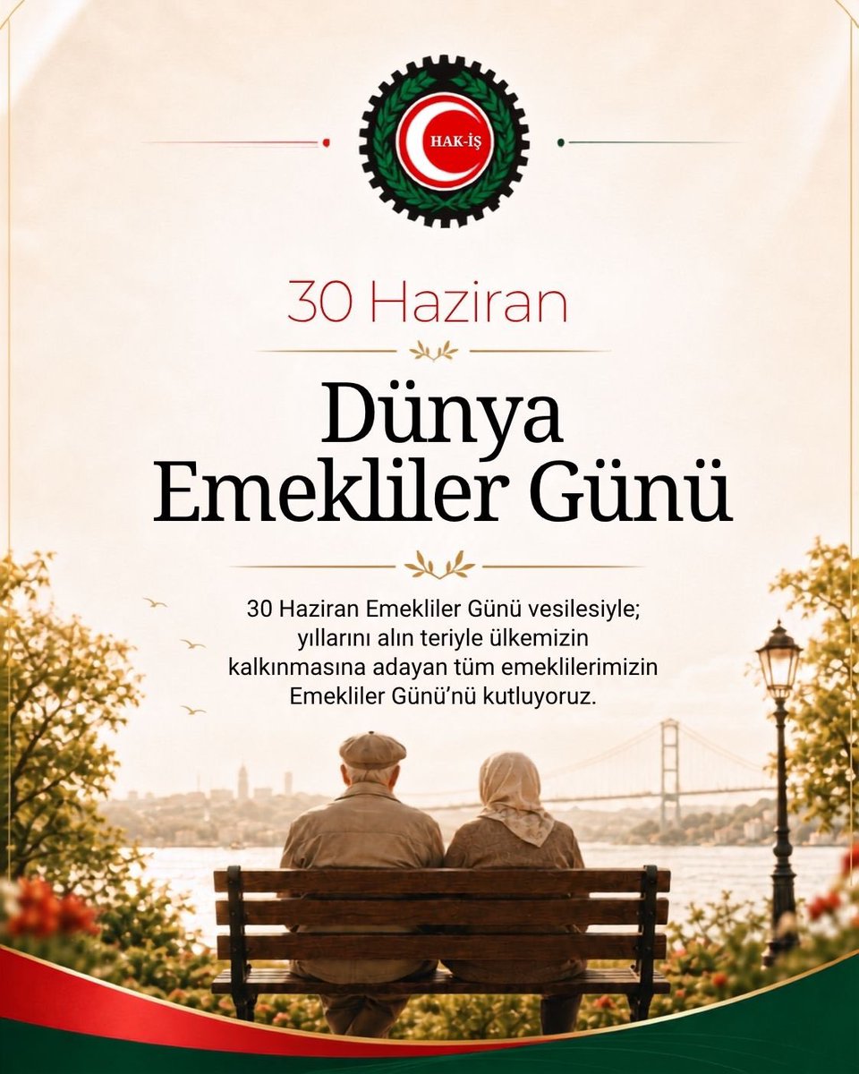hakiskonf's tweet photo. 30 Haziran Dünya Emekliler Günü Kutlu Olsun

30 Haziran Dünya Emekliler Günü vesilesiyle; yıllarını alın teriyle ülkemizin kalkınmasına adayan tüm emeklilerimizin Emekliler Günü’nü kutluyoruz.

HAK-İŞ olarak; emeğe dayalı, hak temelli bir emeklilik sisteminin hayata geçirilmesini, emekli aylıklarının alım gücünü koruyacak şekilde artırılmasını ve en düşük emekli aylığının asgari ücret düzeyine yükseltilmesini talep ediyor; bu yöndeki mücadelemizi kararlılıkla sürdürmeye devam edeceğimizi yineliyoruz.

Emeklilikte onurlu yaşam, güçlü sosyal devlet ve örgütlü dayanışma mücadelemizin bir parçası olarak; tüm emeklilerimizi, emeklilik sonrası haklarını savunmak ve dayanışmayı büyütmek için HAK-EMEK DER çatısı altında birleşmeye davet ediyoruz.