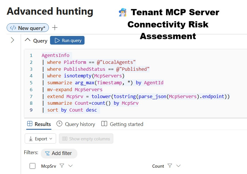 0x534c's tweet photo. 🧙‍♂️Tenant MCP Server Connectivity Risk Assessment

Fellow defenders — do you have clear visibility of the local agents running across your tenant endpoints, and more importantly, the external MCP servers these agents are communicating with?

In a potential supply chain compromise scenario, identifying affected MCP servers is only half the battle. The real challenge lies in quickly determining the blast radius — specifically, how many local agents are actively connecting to those compromised servers.

The KQL query below helps you answer exactly that.
It provides:
• Visibility into external MCP server connections
• Identification of potentially impacted endpoints
• A quick way to quantify exposure across your tenant

With this insight, you can:
• Prioritise containment actions
• Isolate or restrict affected agents
• Prevent further lateral movement and persistence

Keep this query in your hunting toolkit — it’s a practical way to continuously understand and assess your tenant’s MCP connectivity risk posture.🫡

#Cybesecurity #Agent365 #MCPServers #DefenderXDR