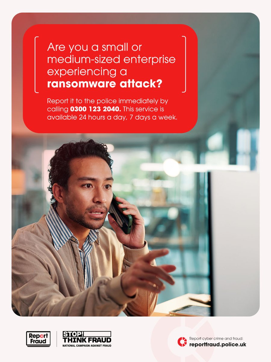 YH_CyberProtect's tweet photo. ⚠️ Are you a small or medium-sized enterprise (SME) experiencing a #ransomware attack?

Report it to the police immediately by calling 0300 123 2040. This service is available 24 hours a day, 7 days a week.

Find out more: https://t.co/tdesok8dgj https://t.co/37EfNMHgAf