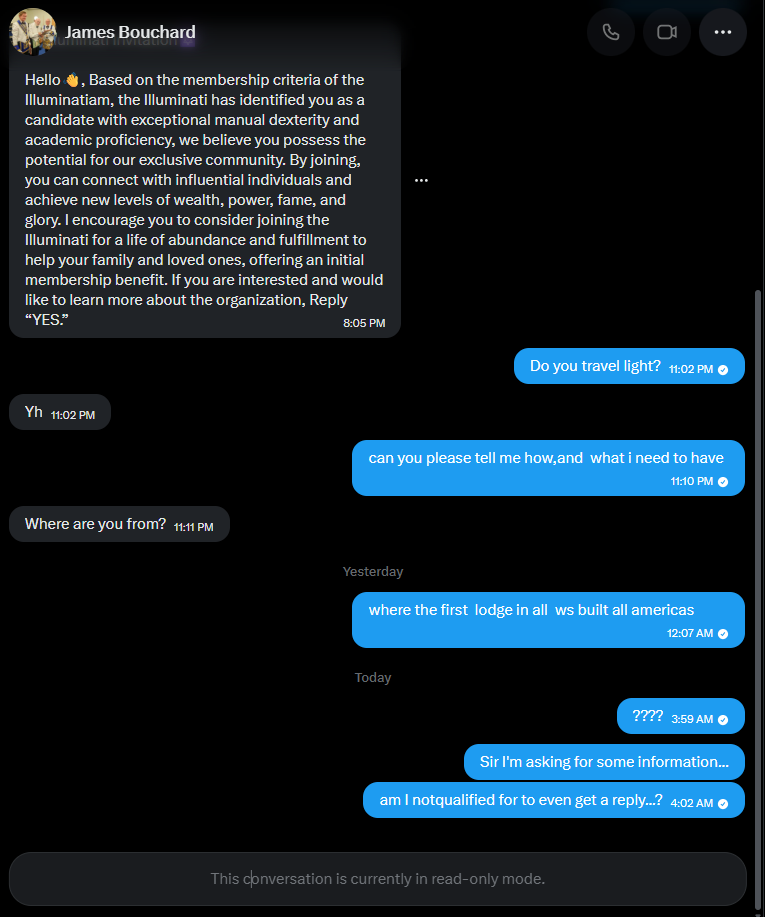 ZxySu's tweet photo. @JBouchard76794 How  How very rude sir, I though the brotherhood welcomed eveyone....
I guess in africa it's different.
I simply asked for some information but got blocked.
Fortunately, I managed to make some screen shots... https://t.co/40TM9buo2w