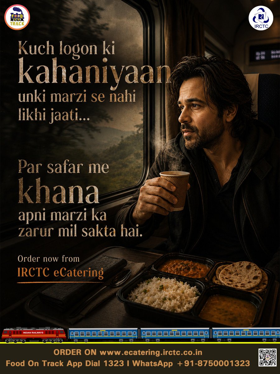 eCateringIRCTC's tweet photo. Some stories aren't written the way we want them to be.

But every journey still leaves room for one choice that is entirely yours, your meal.

Order your favourite meals on the go with IRCTC eCatering.
🌐 https://t.co/sj0NT7G2Cn
📲 Install #FoodOnTrack app
📞 Call 1323
📱 WhatsApp +91-8750001323
