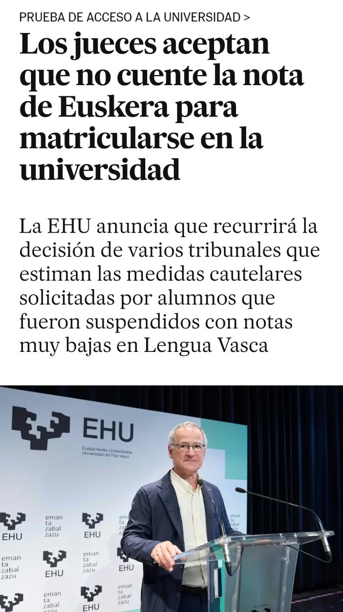 manelmarquez's tweet photo. La justicia española nació para perjudicar a los ciudadanos honestos.
Los jueces aceptan que no cuente la nota de Euskera de los suspendidos para matricularse en la universidad. Perjudicando a los alumnos que estudiaron.
La EHU anuncia que recurrirá la decisión de los tribunales. https://t.co/hcD1PHYDbW
