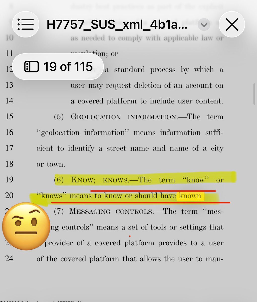 Hannibal9972485's tweet photo. This section you see is from the (KIDS ACT)  ⬅️
It shows you the REAL INTENTION on page 110. 🚨

First this ENTIRE bill is a wolf in sheep's clothing🚨 - it uses children's safety as a vehicle to expand government control over the internet, normalize surveillance and verification systems, and create a regulatory framework that can be expanded to adults later.⚠️

One section that LIFTS the MASK is page 110  🎭 where they RESTRICTED  DC as ONLY place where you can CONSTITUTIONALLY CHALLENGE  this SURVEILLANCE court IN COURT ‼️
In the jurisdiction provision (Section 702)
 IF  this bill were truly about protecting children, why would you need to concentrate all constitutional challenges in one court? 
It TELLS you this  is about controlling the legal narrative and preventing scattered rulings that might strike down provisions.⚠️⚠️
——-
Deeper look there are TONS of CONTRADICTIONS 🚨🚨

The bill says it does not require age verification in three separate places:

•  Page 38, Section 220: "Nothing in this subtitle may be construed to require the provider of a covered platform to implement an age gating or age verification functionality"

•  Page 99, Section 602(f): Same language for COPPA 2.0

•  Page 13, Section 103(f): "Nothing in this section may be construed to require the submission of government-issued identification"

But every single protection in the bill is triggered by one phrase: when a platform "knows" a user is a minor. The "knows" standard is defined as "know or should have known" on pages 17, 40, 45, and 79.⚠️

This creates an impossible trap:🚨

1.  If a platform does NOT verify age, it "should have known" minors were present and faces liability for failing to provide protections
2.  If a platform DOES verify age, it collects age data on every user, which creates privacy risks and potential liability

The bill says "you don't have to verify age" while simultaneously making it impossible to comply without verifying age. This is not a contradiction. This is the design.
The bill uses children's safety as the vehicle to normalize age verification across the entire internet. Once age verification infrastructure exists for minors, it exists for everyone. The system built to check if you are 16 will be the same system used to check if you are 21, 35, or a registered voter.⚠️🚨🚨🚨
—
JURISDICTION SHELL GAME 🚨

Page 107, Section 702: "The United States District Court for the District of Columbia shall have exclusive jurisdiction over any challenge to the constitutionality of this Act or the constitutionality of any action, finding, or determination under this Act."
One court. All challenges. No exceptions.

This means:
•  A company in California cannot challenge in the Ninth Circuit
•  A civil liberties group in New York cannot challenge in the Second Circuit
•  Every constitutional challenge must go to the same DC court that routinely handles federal government cases

This is designed to concentrate legal challenges in a venue favorable to the government and prevent multiple circuit courts from issuing injunctions against the law. If the DC court upholds the law once, it becomes extremely difficult to challenge elsewhere.🚨🚨
—-

THE ADVERTISING MEASUREMENT LOOPHOLE🚨🚨

Page 39, Section 233(b): "Nothing in this subtitle may be construed to limit the processing of personal information solely for measuring or reporting advertising or content performance, reach, or frequency, including through an independent measurement."

➡️⚠️🚨The "Stop Profiling Youth and Kids Act" does not stop profiling for advertising measurement. It only stops "market research." Platforms can still process minor's personal information for advertising performance metrics. This is the commercial exploitation pathway left open while the privacy provisions are presented as protections. 😆 
—-