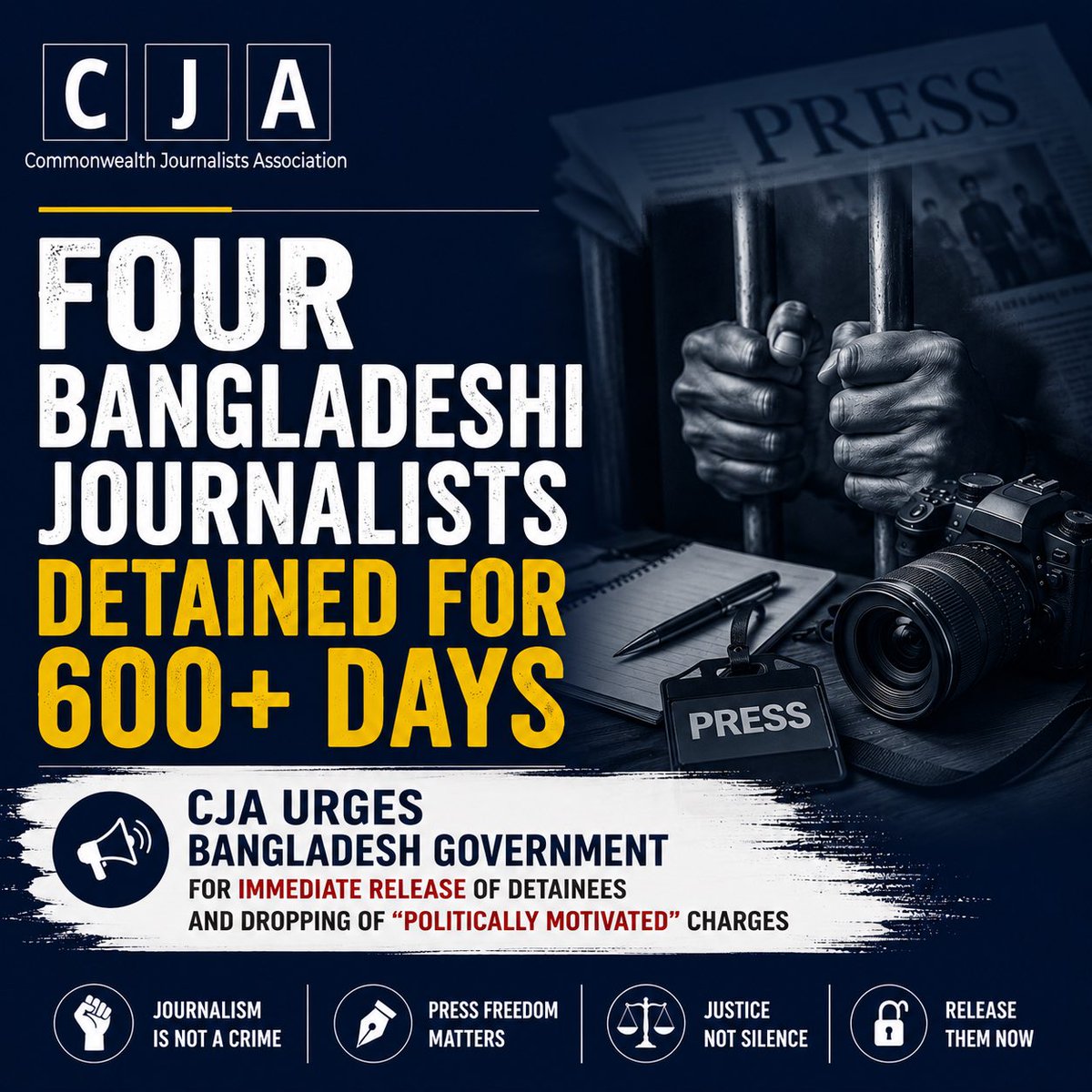 bdwatch2024's tweet photo. CJA Urges #Bangladesh Government to Release Four #Journalists Detained for 600+ Days and Drop 'Politically Motivated' Charges. 

The Commonwealth Journalists Association (CJA) has urged the Bangladesh Govt to immediately release four senior journalists who have been detained for more than 600 days and to withdraw what it described as "politically motivated" charges against them.

In a statement issued on 28 June, the international media organisation called on the #BNP Govt to honour its election pledge to withdraw politically motivated cases against journalists by immediately reviewing the cases against the four detainees.

The CJA expressed deep concern over the continued detention of its Vice-President Shyamal Dutta, editor of Bhorer Kagoj, along with Ekattor TV journalists Mozammel Haq Babu, Farzana Rupa, and Shakil Ahmed.

Describing the prosecutions as being "in retaliation" for the journalists' professional work, the association called for "the immediate review of the cases against these journalists, the withdrawal of charges where no credible evidence exists, and their prompt release." It stated: 

"Journalism must never be criminalised on the basis of political perceptions or professional associations," the statement said.

According to the CJA, the four journalists have been detained for more than 18 months on #murder-related allegations. The organisation noted that, despite nearly 600 days having passed, no charge sheets have reportedly been filed and no credible evidence has been publicly presented to substantiate the accusations.

The CJA also raised serious humanitarian concerns regarding the journalists' continued detention. It noted that Shyamal Dutta suffers from documented cardiac and severe sleep apnoea conditions that require proper medical assessment and treatment.

The association further stated that Mozammel Haq Babu, who underwent major surgery for prostate cancer in late 2023, has reportedly been denied essential follow-up medical care.

The CJA also expressed concern over reports that Farzana Rupa was held for two weeks in a condemnation cell reserved for death-row inmates, saying the reported treatment raised serious questions about her welfare and the conditions of her detention.

Reiterating its position, the organisation stated:

"All journalists, irrespective of their editorial positions or perceived political leanings, are entitled to due process, humane treatment, and the full protection of the law."

The CJA urged the Bangladesh Government to ensure that these principles are upheld by promptly reviewing the cases, withdrawing charges where no credible evidence exists, and securing the immediate release of the detained journalists.

Statement: 

https://t.co/DCc824ZMXm

….

#BangladeshCrisis @amnestysasia @AgnesCallamard @taqbirhuda @meeganguly @PearsonElaine @StateDRL @justiceinfonet @job71org @icsforum @article19org @pressfreedom @RSF_inter @IFJGlobal @ifjasiapacific @MediaFreedomC @S_Asian_Rights @CommonwealthJA @ESandersFCDO @CIVICUSalliance @BonaveroIHR @forum_asia @Irenekhan @UN_SPExperts @DoughtyStIntl @volker_turk @UN_HRC @KunalMajumder @CPJAsia