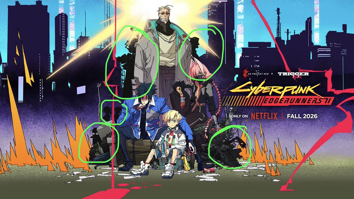 TasoSots's tweet photo. @edgerunners just noticed that there’s more silhouettes hiding in this picture! There’s more crew to come , maybe even the villain ?😱 @CyberpunkGame #edgerunners2 #cyberpunk2077 https://t.co/fhAGk3c7B4
