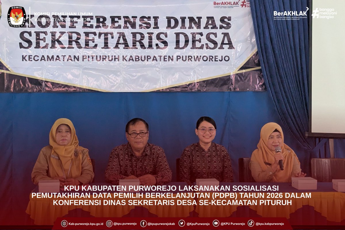 KpuPurworejo's tweet photo. Hai #TemanPemilih  KPU Kabupaten Purworejo melaksanakan sosialisasi Pemutakhiran Data Pemilih Berkelanjutan (PDPB) Tahun 2026 dalam kegiatan Konferensi Dinas Sekretaris Desa se-Kecamatan Pituruh.

#KPUMelayani
#KPURI
#KPUJateng
#KPUPurworejo https://t.co/sa7GPwLTLe