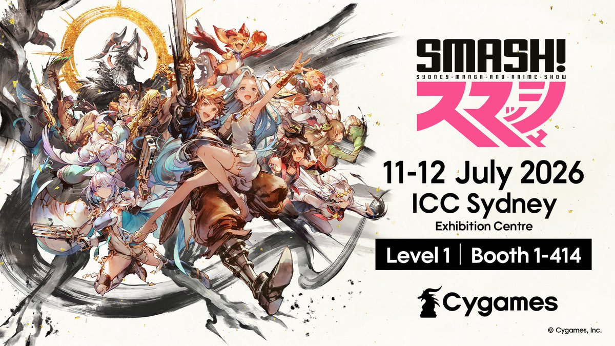 Cygames_EN's tweet photo. Cygames is going to SMASH! 2026 in Sydney 🇦🇺

📌 Come visit booth 1-414 (Level 1)!
🎮 Granblue Fantasy: Relink - Endless Ragnarok demo
🥕 Umamusume: Pretty Derby photo spot
📽️ A special screening of Beginning of a New Era
🛍️ Exclusive CyStore merch

See you there!

#smashcon2026 https://t.co/IbWDJc9Krv