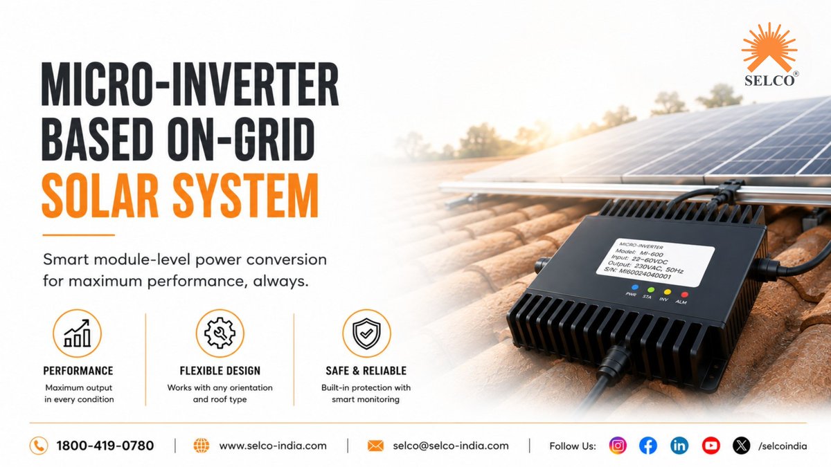 SELCOIndia's tweet photo. One shaded panel shouldn't reduce your entire solar system's performance.
SELCO's Micro-Inverter Based On-Grid Solar System optimizes every panel independently for higher energy generation, better reliability, and smarter solar performance.
#OnGridSolar #MicroInverter #SELCO https://t.co/fOP0HeUDwG