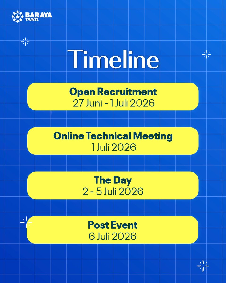 disiniloker's tweet photo. 📢 Info Volunteer (PAID)

Baraya Travel
🧑‍💻 Activation Booth, Video Editor, Social Media Marketing, Liaison Officer (LO)
📍 Jakarta X Beauty 2026 
🗓️2–5 Juli 2026
🔗https://t.co/HtixK3iNG7
⌛️ 1 Juli 

#disinivolunteer #volunteer #infovolunteer https://t.co/wYL4AsNHBQ
