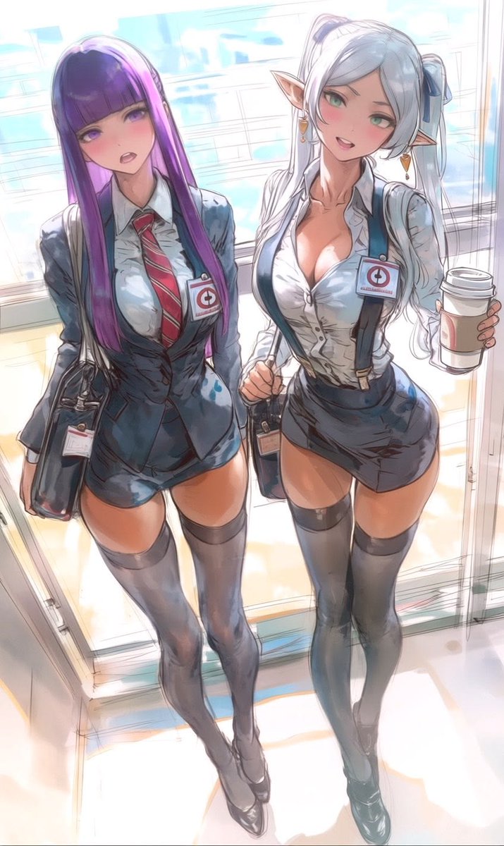 Two Anime Office Workers at Glass Doors