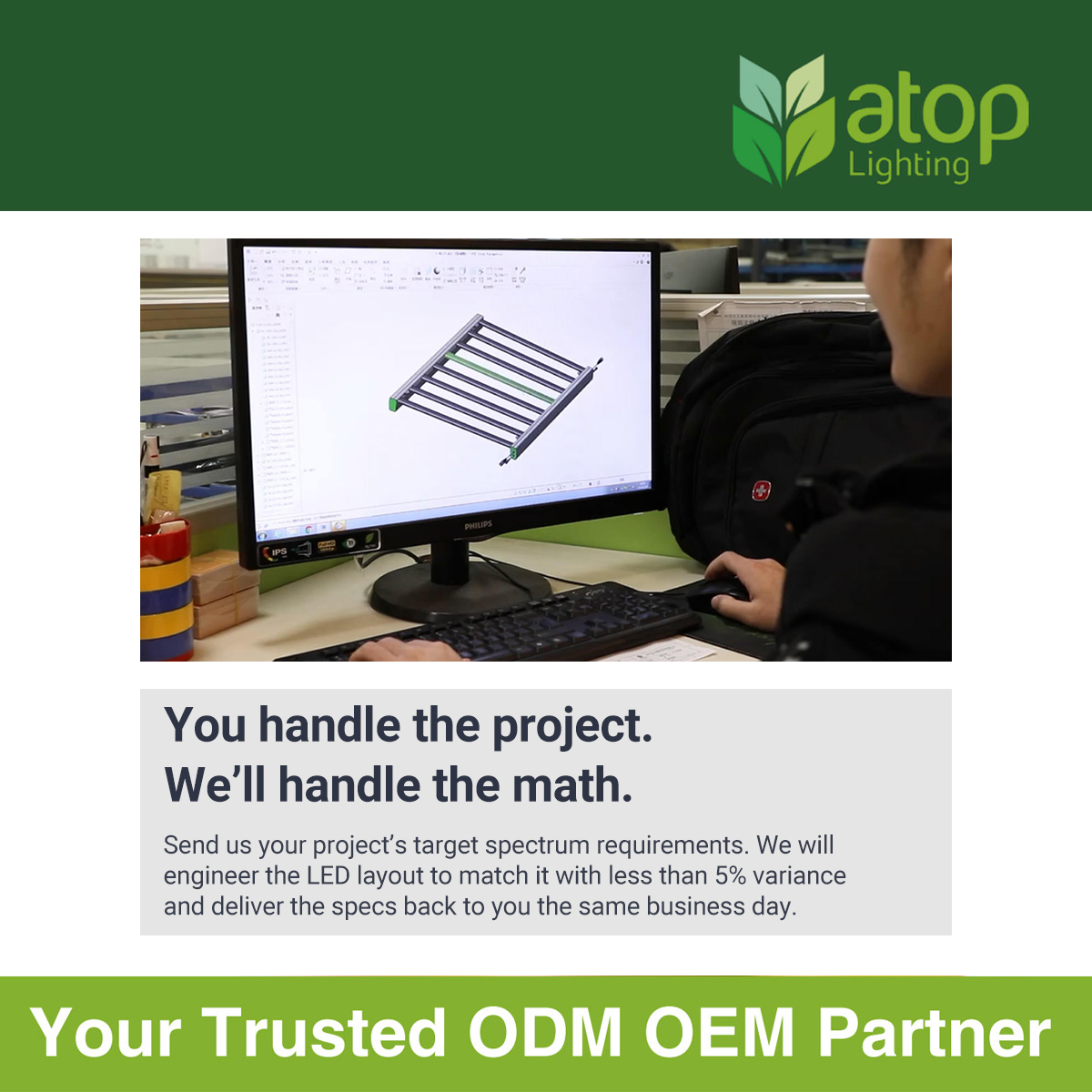 AtopLighting's tweet photo. Send us your project’s target spectrum requirements. We will engineer the LED layout to match it with less than 5% variance and deliver the specs back to you the same business day.

Message us: info@atophort.com.

#HorticultureLighting #ODM #OEM #CustomizeLighting #LEDGrowLights https://t.co/6IubJWTrcZ