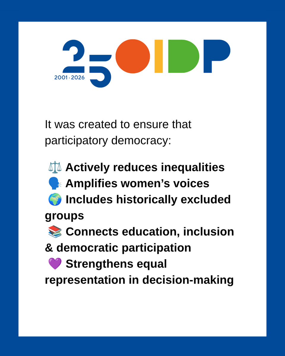 oidp_org's tweet photo. 🌍♀️🌈 Democracy needs equality, diversity, and inclusion!
The #OIDP Gender and Diversity Advisory Council brings together women leaders, experts, and allies to strengthen participatory democracy and advance equitable local governance.
👉 Discover more: https://t.co/ba0vTPGy08 https://t.co/fpSzLgnqfZ
