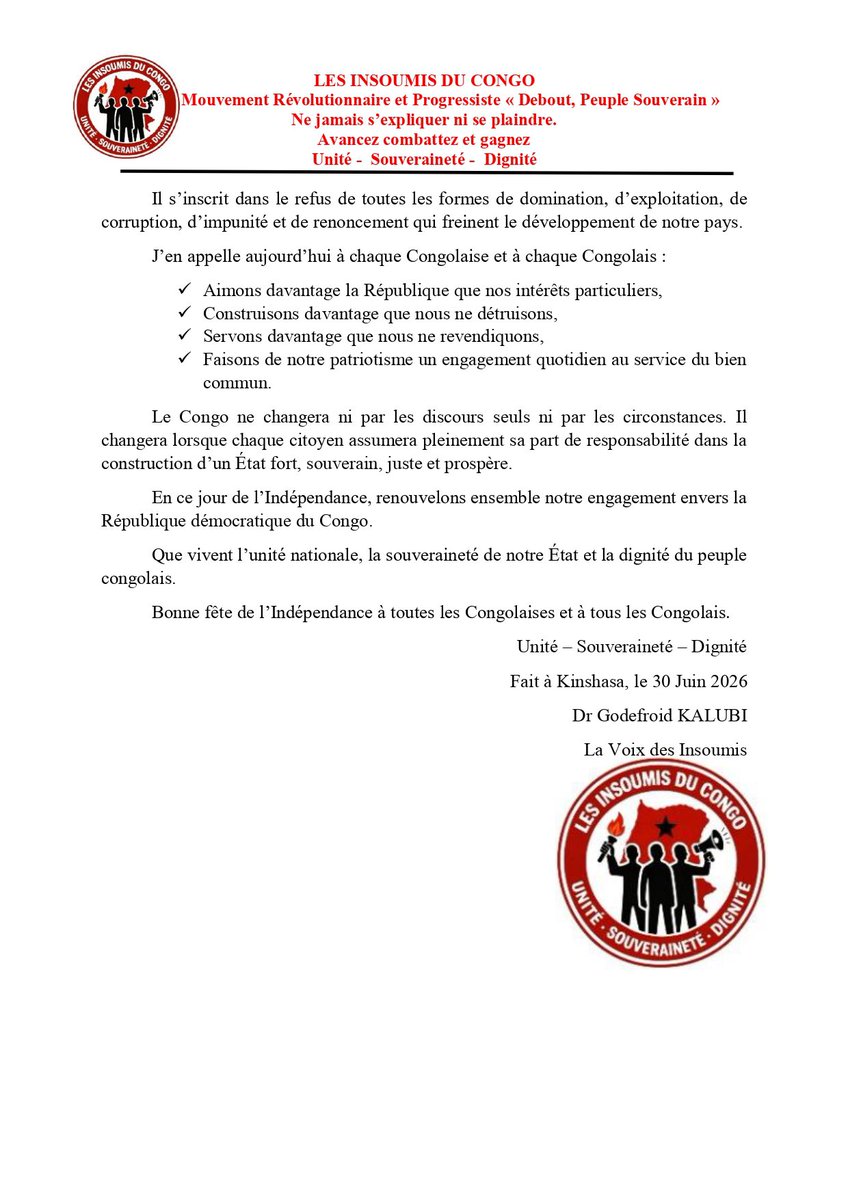 GodefroidKalubi's tweet photo. 66 ans après notre indépendance, une question demeure : sommes-nous réellement maîtres de notre destin ?

L'indépendance ne se proclame pas. Elle se construit chaque jour par la souveraineté, la justice, la sécurité, le travail, la science et la responsabilité collective.

À l'occasion du 30 juin, je partage mon message à la Nation.
Et vous, que signifie aujourd'hui l'indépendance de la RDC?
Votre réponse m'intéresse.

Unité • Souveraineté • Dignité