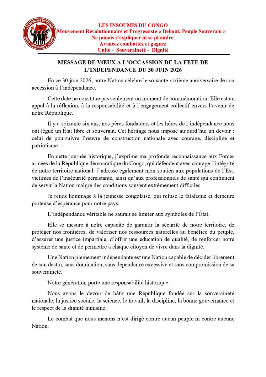 GodefroidKalubi's tweet photo. 66 ans après notre indépendance, une question demeure : sommes-nous réellement maîtres de notre destin ?

L'indépendance ne se proclame pas. Elle se construit chaque jour par la souveraineté, la justice, la sécurité, le travail, la science et la responsabilité collective.

À l'occasion du 30 juin, je partage mon message à la Nation.
Et vous, que signifie aujourd'hui l'indépendance de la RDC?
Votre réponse m'intéresse.

Unité • Souveraineté • Dignité