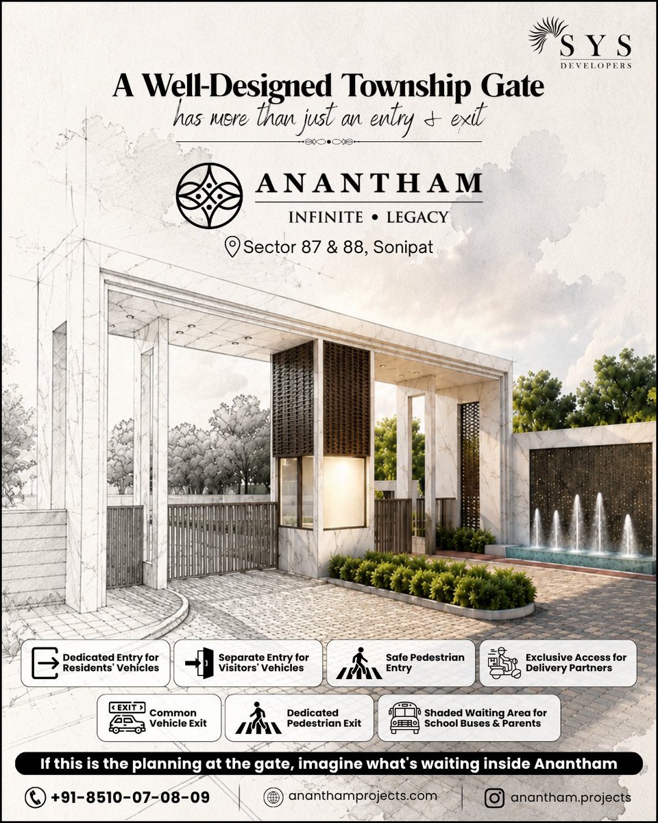 Anantham88's tweet photo. 🏡 A great township begins at its gate.

�� Resident entry
✔ Visitor access
✔ Safe pedestrian movement
✔ Delivery partner lane
✔ School bus waiting area
Thoughtful planning. Seamless living.
📍 Sector 87 &amp; 88, Sonipat

#AnanthamProjects #Sonipat #Newlaunchprojects https://t.co/a6W6s7fkSY