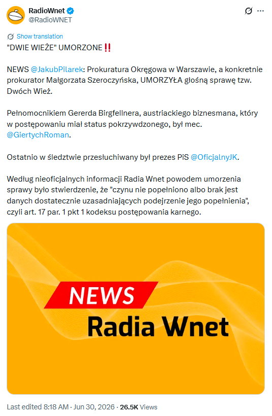 GasewiczJarek's tweet photo. Radio WNET ogłosiło news o umorzeniu śledztwa w sprawie "dwóch wież". W tym samym czasie komunikat wydała Prokuratura Okręgowa w Warszawie. Wychodzi na to, że prok. Małgorzata Szeroczyńska ma dokładnie to samo podejście do rozliczeń nieprawidłowości w czasach PiS, co Dariusz Korneluk.
W komunikacie Prokuratury nie podano powodów umorzenia, bo rzekomo najpierw trzeba przetłumaczyć postanowienie na niemiecki. Bardzo śmieszny powód zwłoki (wręcz żałosny). 
https://t.co/qFqufFlhLC