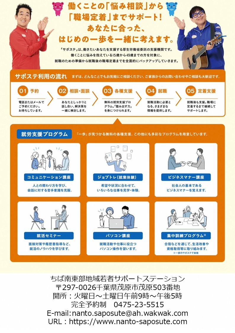 ichihara_city's tweet photo. ＼ちば南東部地域若者サポートステーション　サテライト市原出張相談／

ちば南東部地域若者サポートステーションでは、15歳から49歳までの方、その保護者等を対象に若者自立・就労支援の相談会を行っています。※要予約
(1/2) https://t.co/u5uGzT3WRF