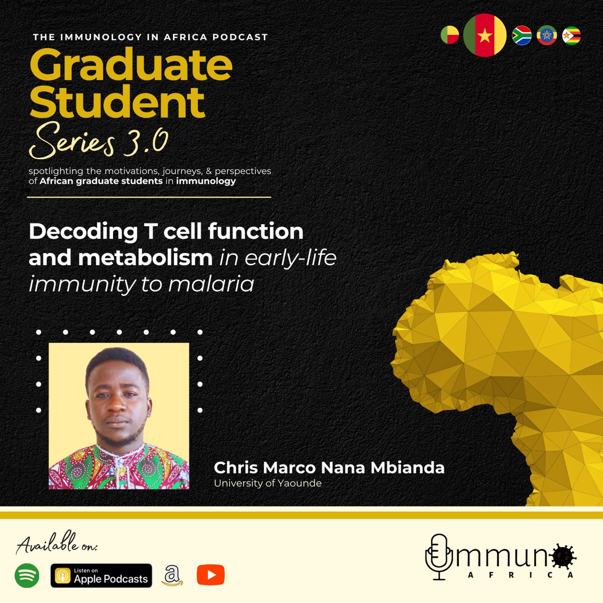 Immunopaedia's tweet photo. 🎙️ The Immunology in Africa Podcast | Graduate Student Series 3.0 – Episode 2

How do γδ T cells and immunometabolism influence early-life immunity to malaria? Chris Marco Nana Mbianda shares his latest research.

In collaboration with @Immunopaedia.

#Malaria #Immunology https://t.co/5u2CqwvXBA