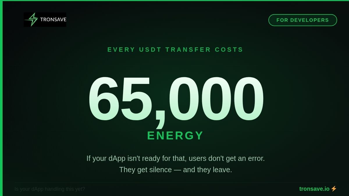 tronsave_io's tweet photo. ⚡️65,000 Energy. That's what a single USDT transfer costs on TRON.

If your dApp doesn't have that ready for the user, they don't get an error - they get silence. The transaction just... doesn't happen.

You won't see this in your dashboard as a bug. You'll see it as a number that's just slightly lower than it should be - somewhere between "wallet connected" and "transaction confirmed."

The fix isn't a better error message. It's removing the moment where Energy becomes the user's problem at all.

Is your dApp handling this yet?
⚡ https://t.co/yOlBJPqebe