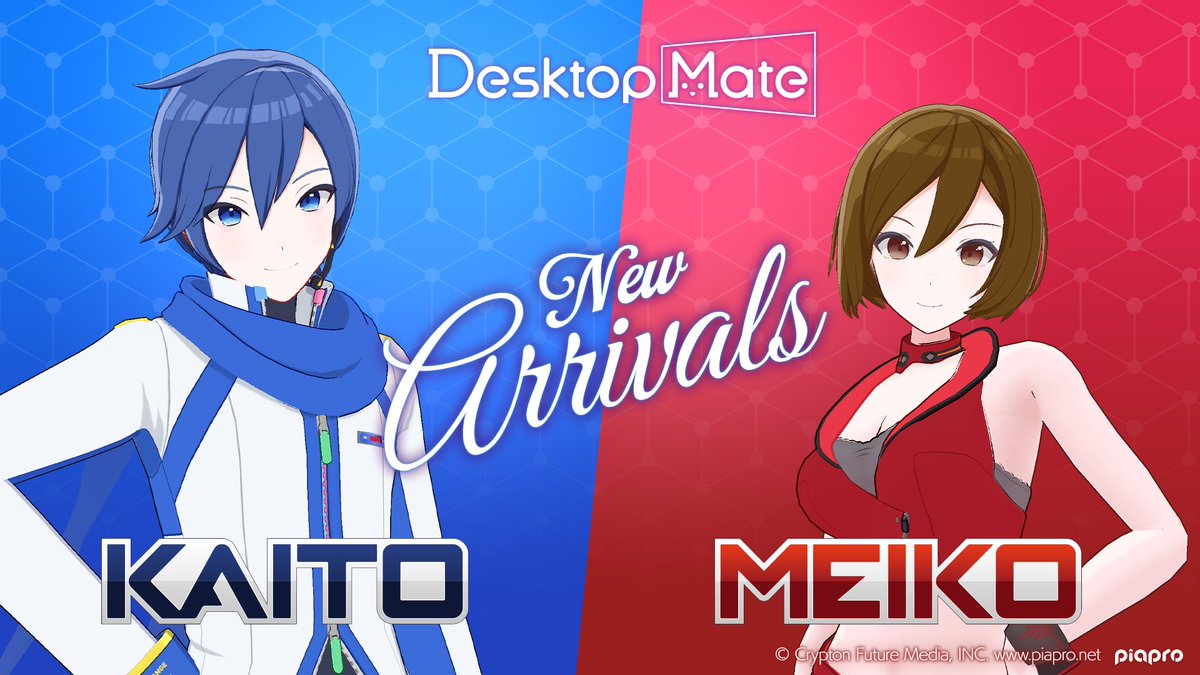 desktop_mate's tweet photo. 🎉MEIKO・KAITO DLC 配信開始🎉

❤️❤️❤️❤️❤️❤️❤️
　　　MEIKO
❤️❤️❤️❤️❤️❤️❤️

💙💙💙💙💙💙💙
　　　KAITO
💙💙💙💙💙💙💙

本日同時リリース！
ついにピアプロキャラクターズ全員がDesktop Mateに勢揃い✨

DLは👇
MEIKO：https://t.co/MPa5EOUqmx
KAITO：https://t.co/j3qP429G4v

#MEIKO #KAITO https://t.co/ytNr5taUE3