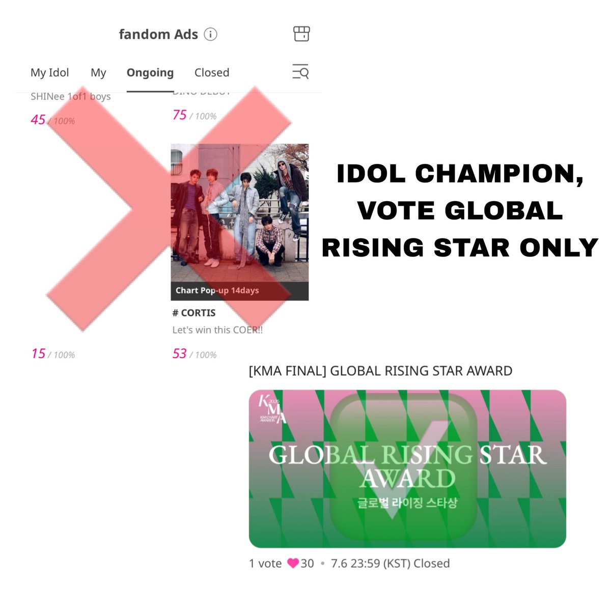 coertis_'s tweet photo. REMINDER VOTE
— UPICK, MY1PICK, IDOL CHAMPION: 
📌VOTE KATEGORI “RISING STAR” ONLY✅
• KM ROOKIE: JANGAN DI VOTE❌
• BEST POPULAR MALE: JANGAN DI VOTE❌
• CAMPAIGN IDOL CHAMP (fandom
ads): JANGAN DI VOTE❌

ini udah mulai berkurang coer salah votenya, yuk sebarkan lagi kalau kita fokus vote di ✨GLOBAL RISING STAR✨ aja. semangat coer, H-6💪🏻