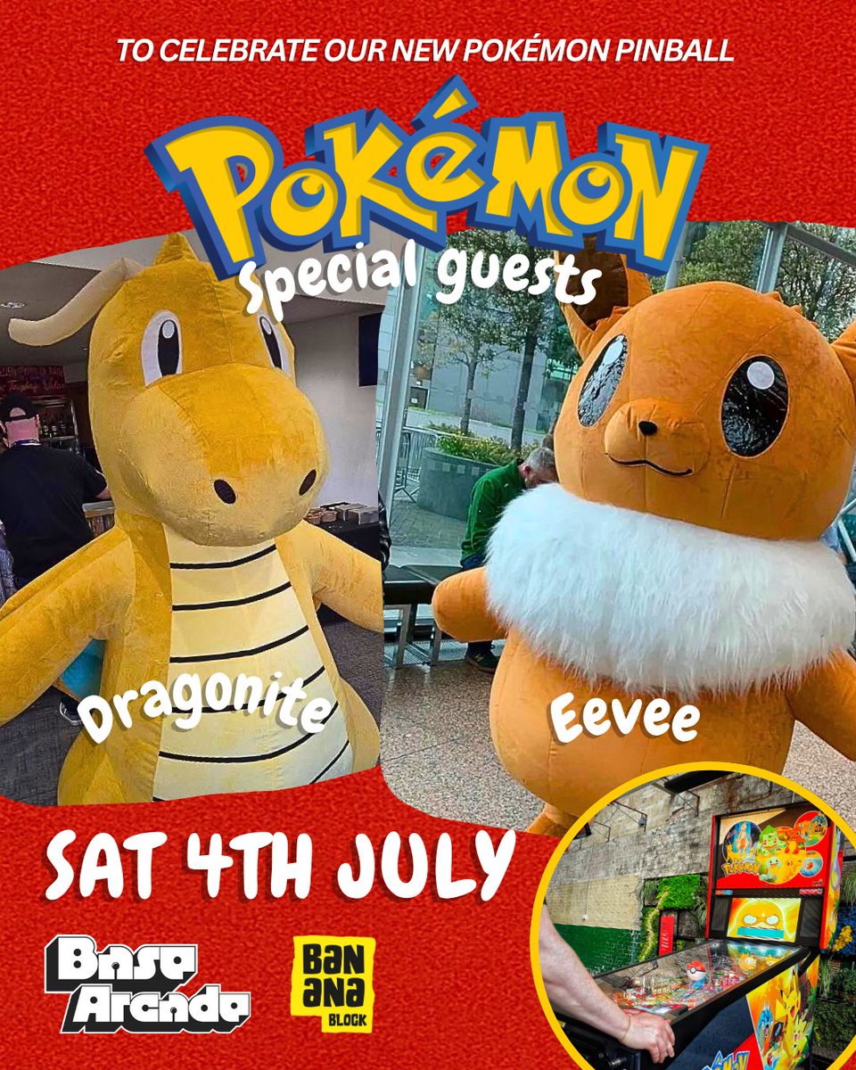 BaseArcade's tweet photo. Eevee &amp; Dragonite will be with us this Sat (July 4) to celebrate our new @sternpinball Pokémon Pro Edition on FREEPLAY for one weekend only!!

📍 @bananablockni
🔗 Tickets at https://t.co/N5xgXJkvCf

​#arcade #Belfast #pokemon https://t.co/WLNCiefgkr