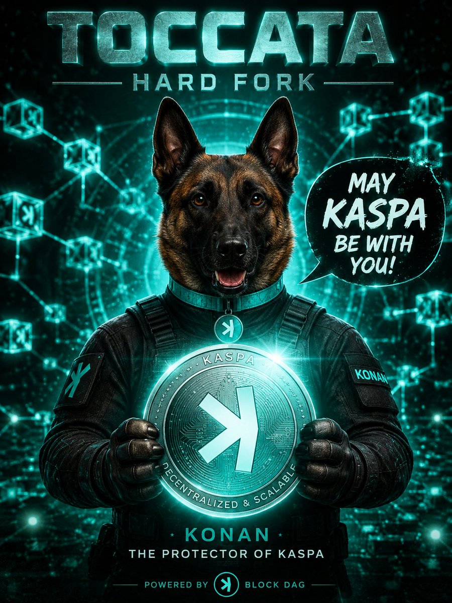 konanofkaspa's tweet photo. Hey $KONAN ARmy,

🚀 A huge milestone for the $Kaspa network!

The Toccata Hard Fork is scheduled to activate on the Kaspa Mainnet today, June 30, 2026, at approximately 16:15 UTC.

This upgrade lays the foundation for major changes to the ecosystem. Don't expect miracles within a few days—but it marks the beginning of a whole new phase of development. Over the coming months, we should start seeing the real impact as developers build on these new capabilities.

The most important ingredient in crypto is patience.
And if you truly believe in the project, contribute however you can. If you're not a developer, simply help spread the word. Every contribution matters.

$KONAN is the Protector of $Kaspa.

No Retreat. No Surrender. 💪🐕

#Kaspa #KONAN #KONANArmy #KaspaArmy #Toccata #HardFork #KRC20 #BlockDAG #Crypto #BuildInSilence