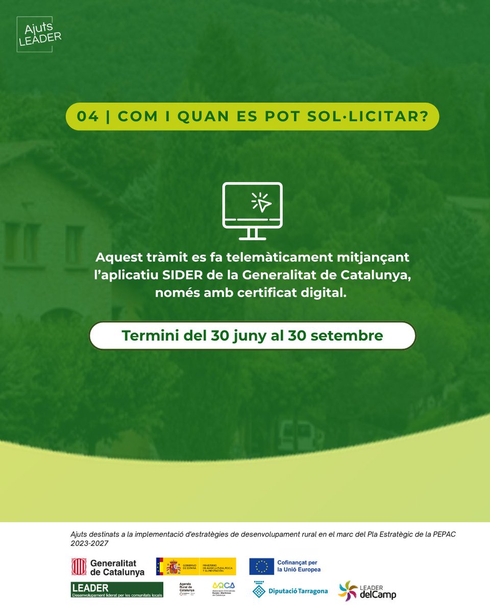 LEADERdelCamp's tweet photo. 🚀 Oberta la convocatòria dels #AjutsLeader2026!

✅ Empreses
✅ Emprenedors/es
✅ Cooperatives
✅ Entitats locals

📅 Fins al 30 de setembre.

👉 𝗖𝗼𝗻𝘀𝘂𝗹𝘁𝗮  https://t.co/tohWkR0PIt

#LeaderCat #DesenvolupamentRural https://t.co/xUu2JJ7vlK