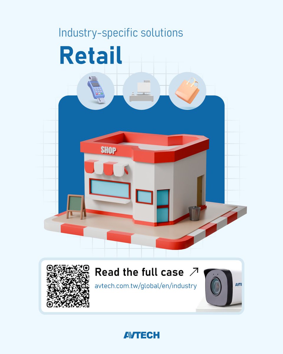 AVTECHSECURITY's tweet photo. Retail security is about more than surveillance—it's about protecting your business while improving operations.

See how AVTECH's Retail Solution helps create smarter, safer stores with AI-powered surveillance.

🔗 Scan the QR code or visit the link to learn more. https://t.co/QplHT18Itq