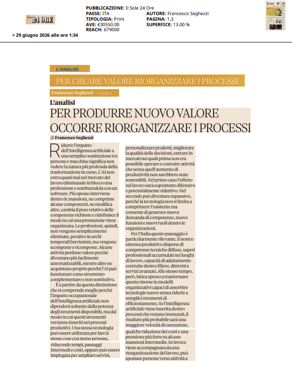 francescoseghez's tweet photo. Ho scritto sul Sole 24 Ore una riflessione sul rapporto tra intelligenza artificiale e organizzazione del lavoro.

Provo a sostenere che l’AI non produce valore solo perché automatizza alcune attività ma può produrne molto di più quando obbliga imprese e organizzazioni a rimettere mano ai processi, alle responsabilità, ai tempi decisionali, alla distribuzione delle competenze.

In molti casi la tecnologia viene ancora inserita dentro procedure esistenti, senza modificarle davvero. Il risultato è un incremento parziale di efficienza, spesso limitato alla riduzione di costi o alla velocizzazione di alcune mansioni.

Il passaggio più rilevante, però, è capire quali attività possono essere eliminate, quali trasformate, quali rese più qualificate, quali invece richiedono più lavoro umano, non meno. Questo non avviene automaticamente ma richiede capacità organizzativa (umana!), conoscenza dei processi e coinvolgimento delle persone che quei processi li attraversano ogni giorno.

Grato per commenti!