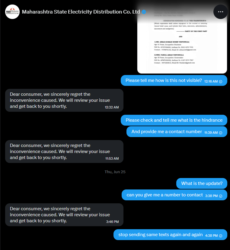 Ace4lyff's tweet photo. @MSEDCL @MSEDCL_GKUC @PMCPune 

My Application : 81962933 keeps getting cancelled for the same reason "not visible clearly". 
I Dont know how much clearer they want the documents to be.

Please send someone home if their eyes are that bad.

And your help is pathetic sending same https://t.co/VoPOjIxKp3